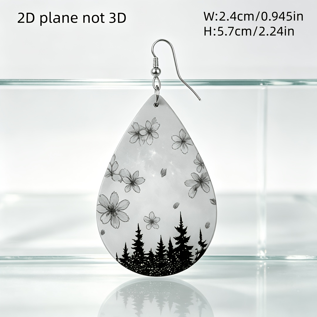 Grey Sakura Pine Forest Teardrop Dangle Earrings, Acrylic